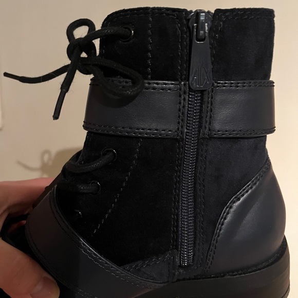 Armani Black Leather Moto Combat Boot Blue Ankle AX Oversized Buckle Zipper 7 38 - Picture 6 of 16